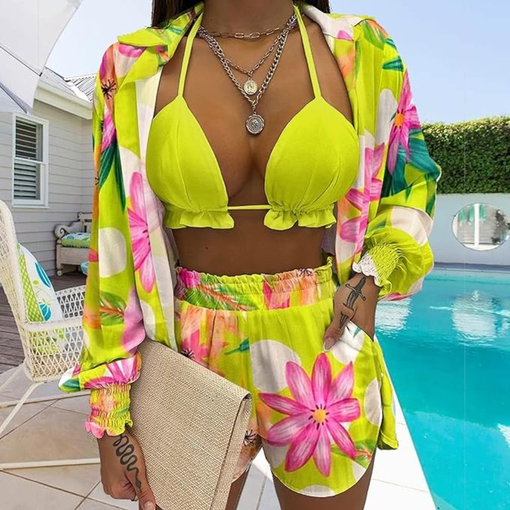 Caribbean Casual Tropical Blouse Tops Shorts Set Bikini Swimsuit Coverup 3 Piece